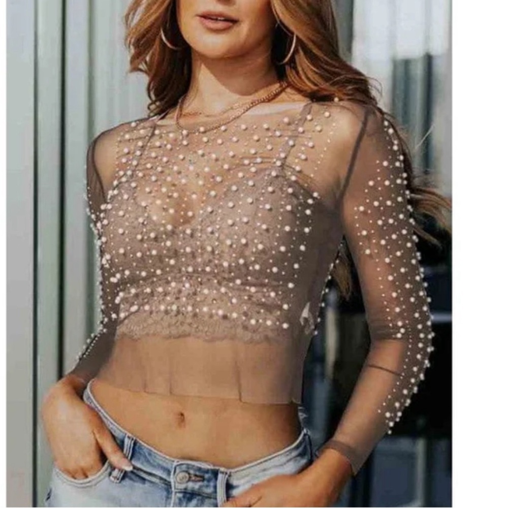 Pearl Sheer Mesh Crop Rhinestone Top